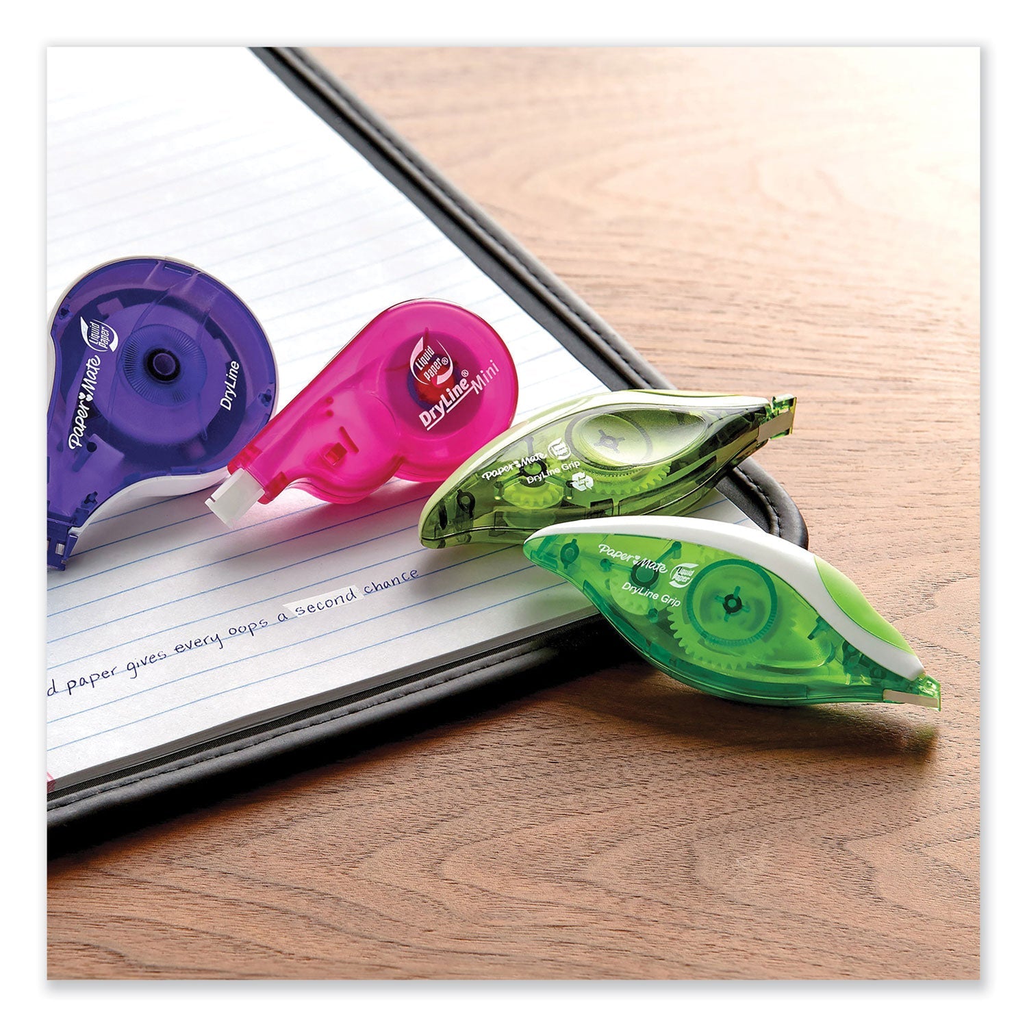 Paper Mate DryLine Grip Correction Tape, Non-Refillable, Gray/Green Applicator, 0.2" x 335", 2/Pack