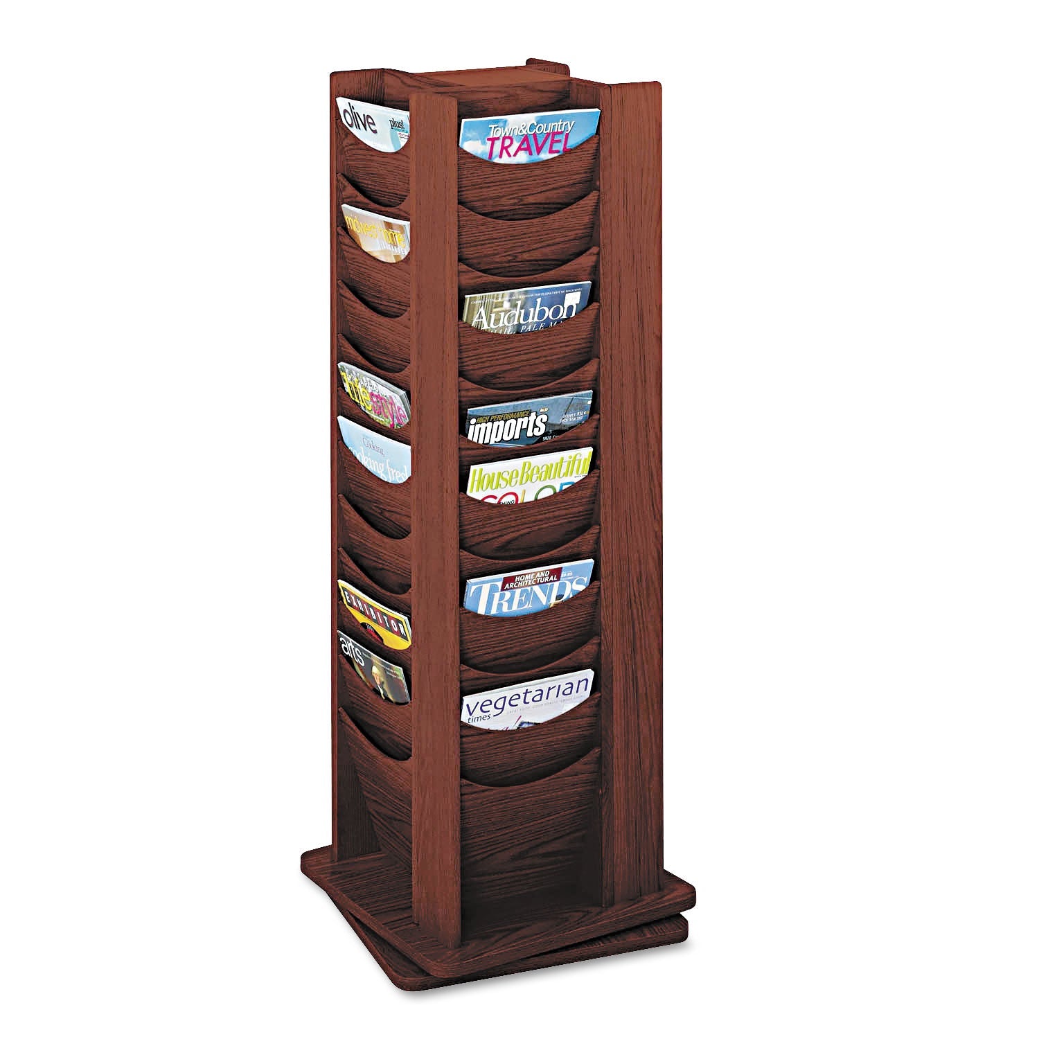 Safco Rotary Display, 48 Compartments, 17.75w x 17.75d x 49.5h, Mahogany