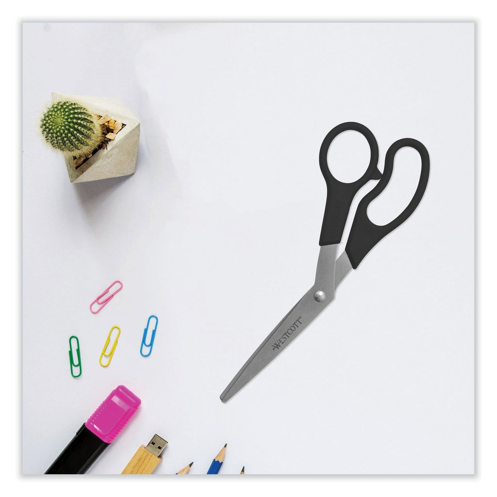 Westcott Value Line Stainless Steel Shears, 8" Long, 3.5" Cut Length, Black Offset Handles, 3/Pack