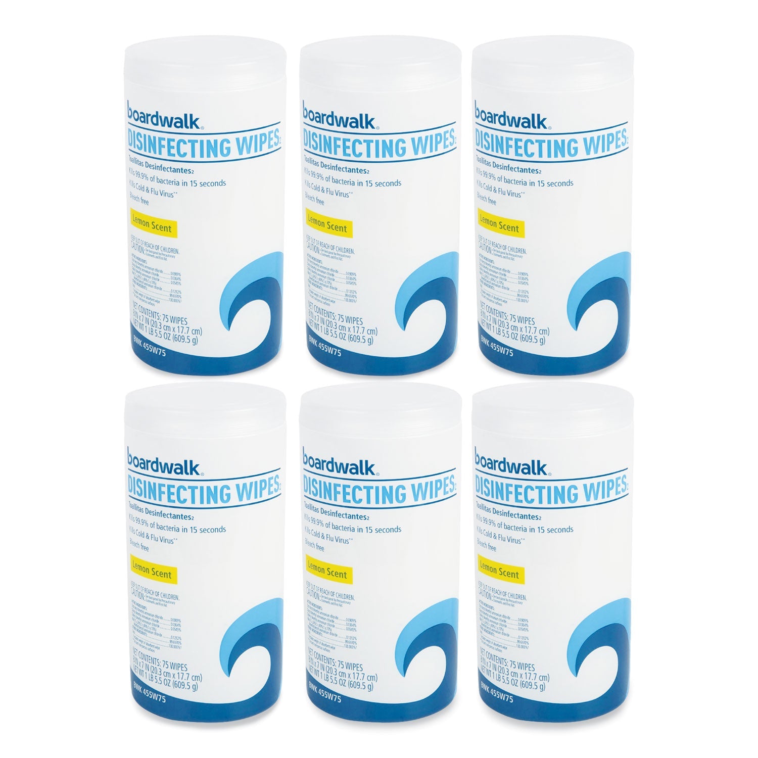 Boardwalk Disinfecting Wipes, 7 x 8, Lemon Scent, 75/Canister, 6 Canisters/Carton