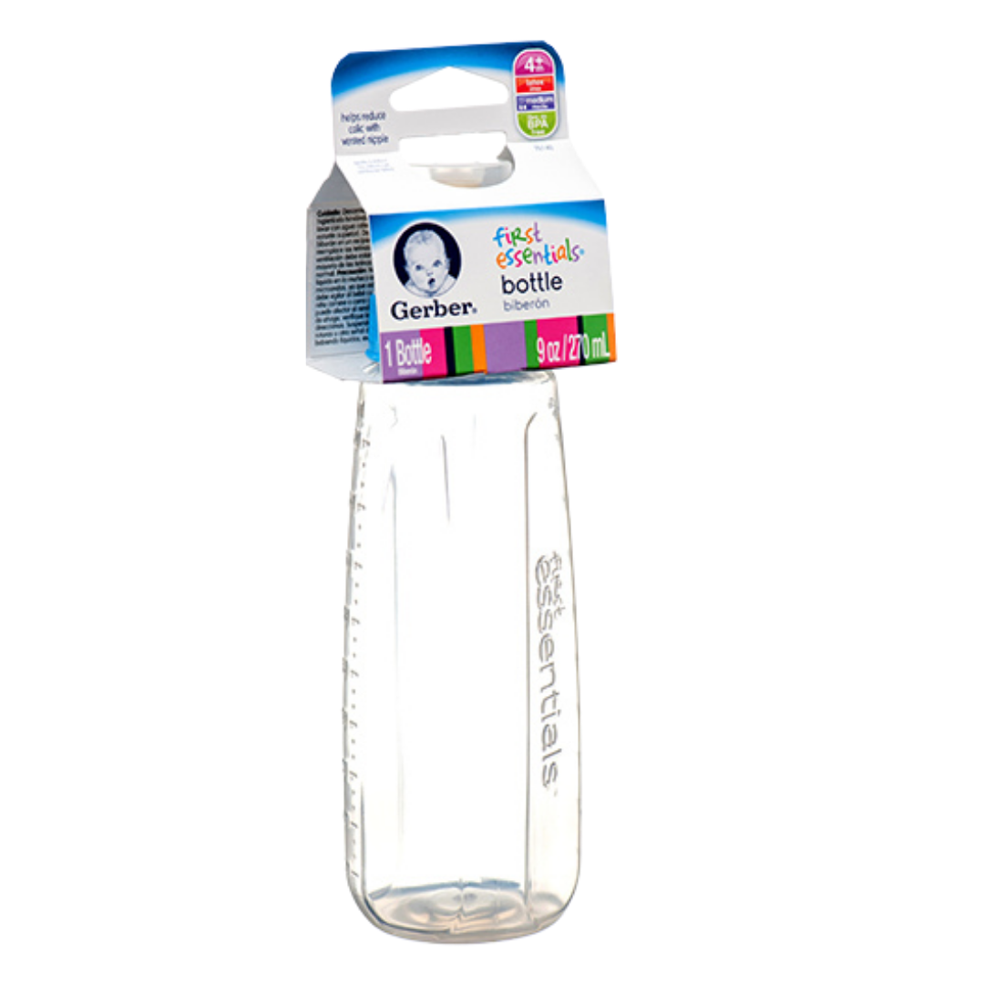 Gerber First Essentials Clear Baby Bottle with Vented Nipple (9oz)
