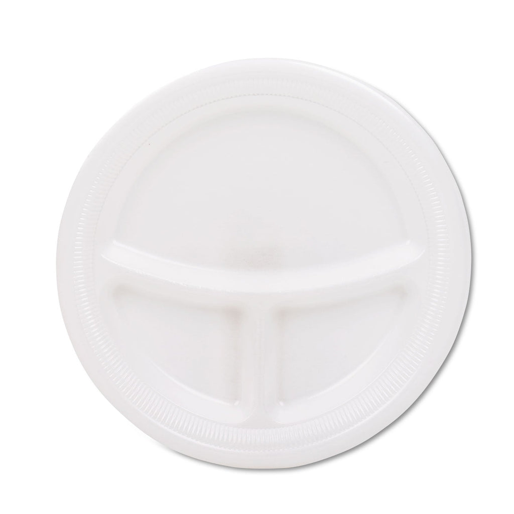 Dart Mediumweight Foam Plates, 3-Compartment, 9" dia, White, 125/Pack