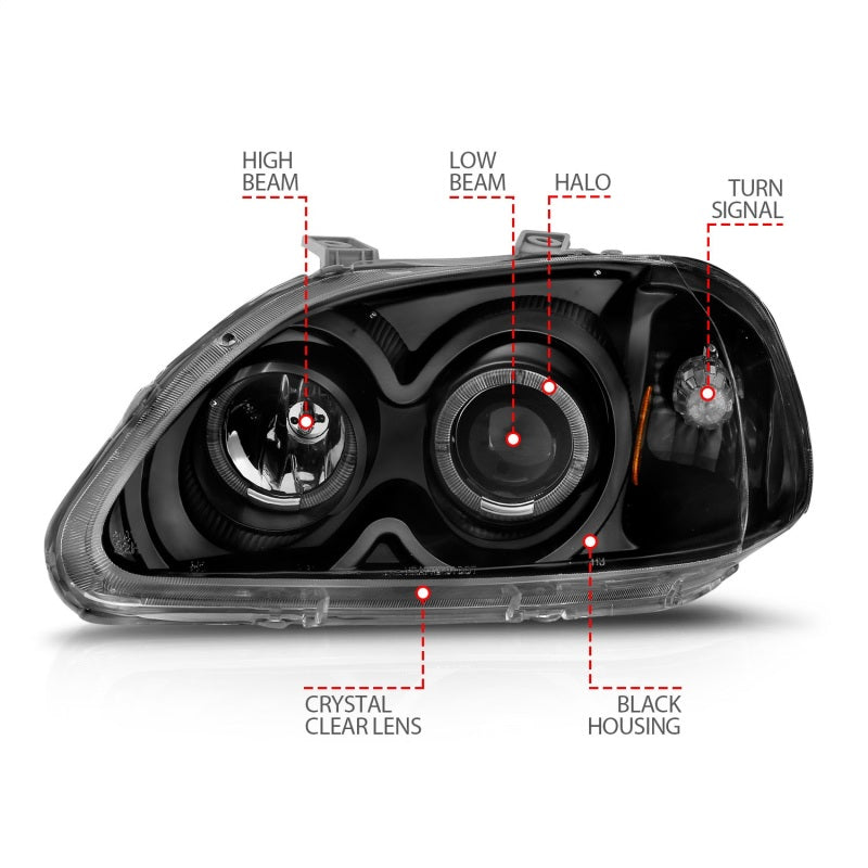 Anzo 1996-1998 Honda Civic Projector Headlights w/ Halo Black