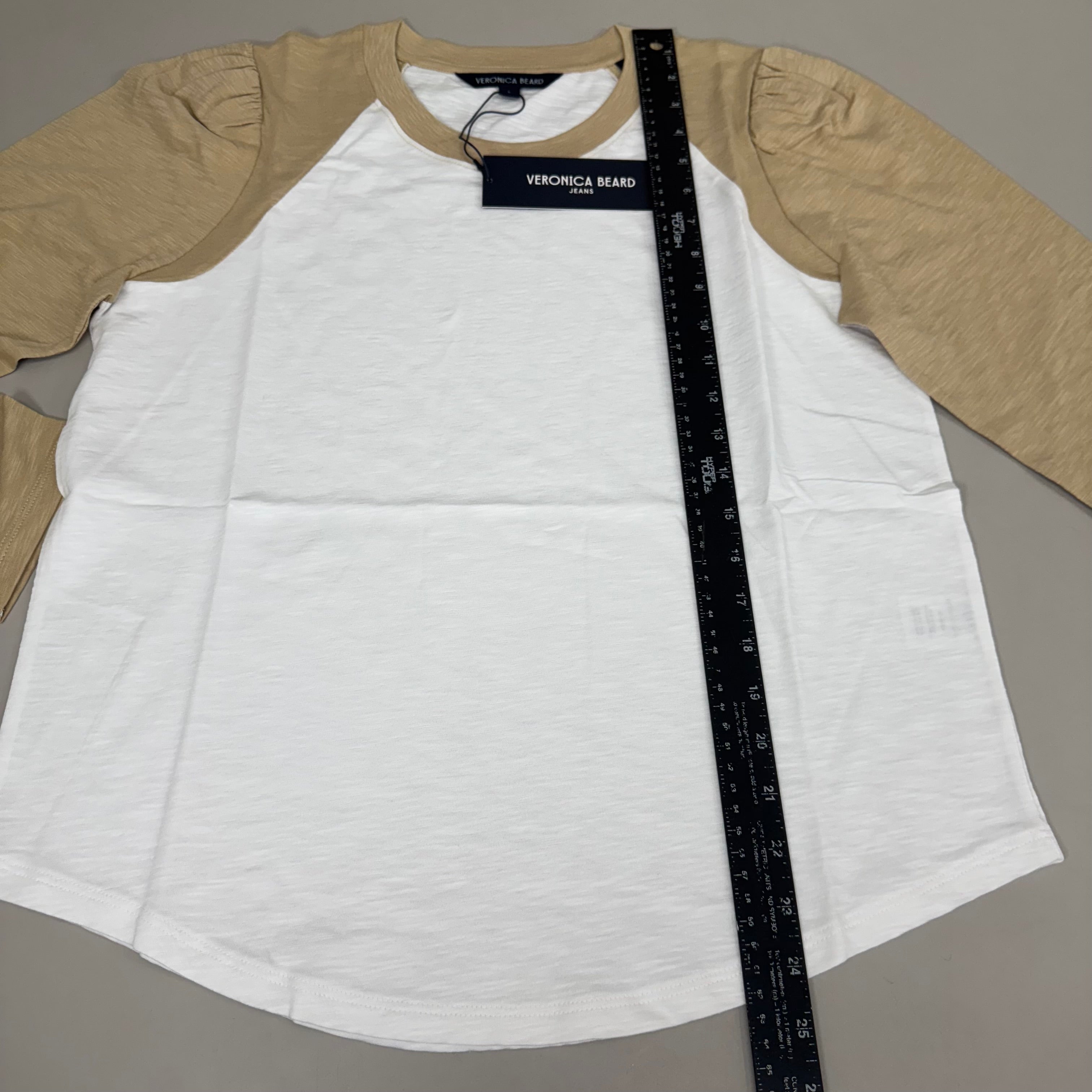 VERONICA BEARD Jeans Women's Mason Baseball Tee Sz-L Stone Khaki/White