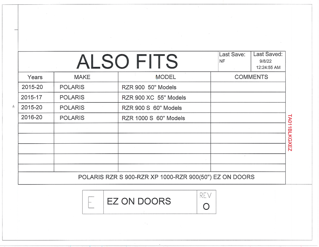 Trail Armor EZON GENX Doors for 2015-20 Polaris RZR 900 / 1000 S Models