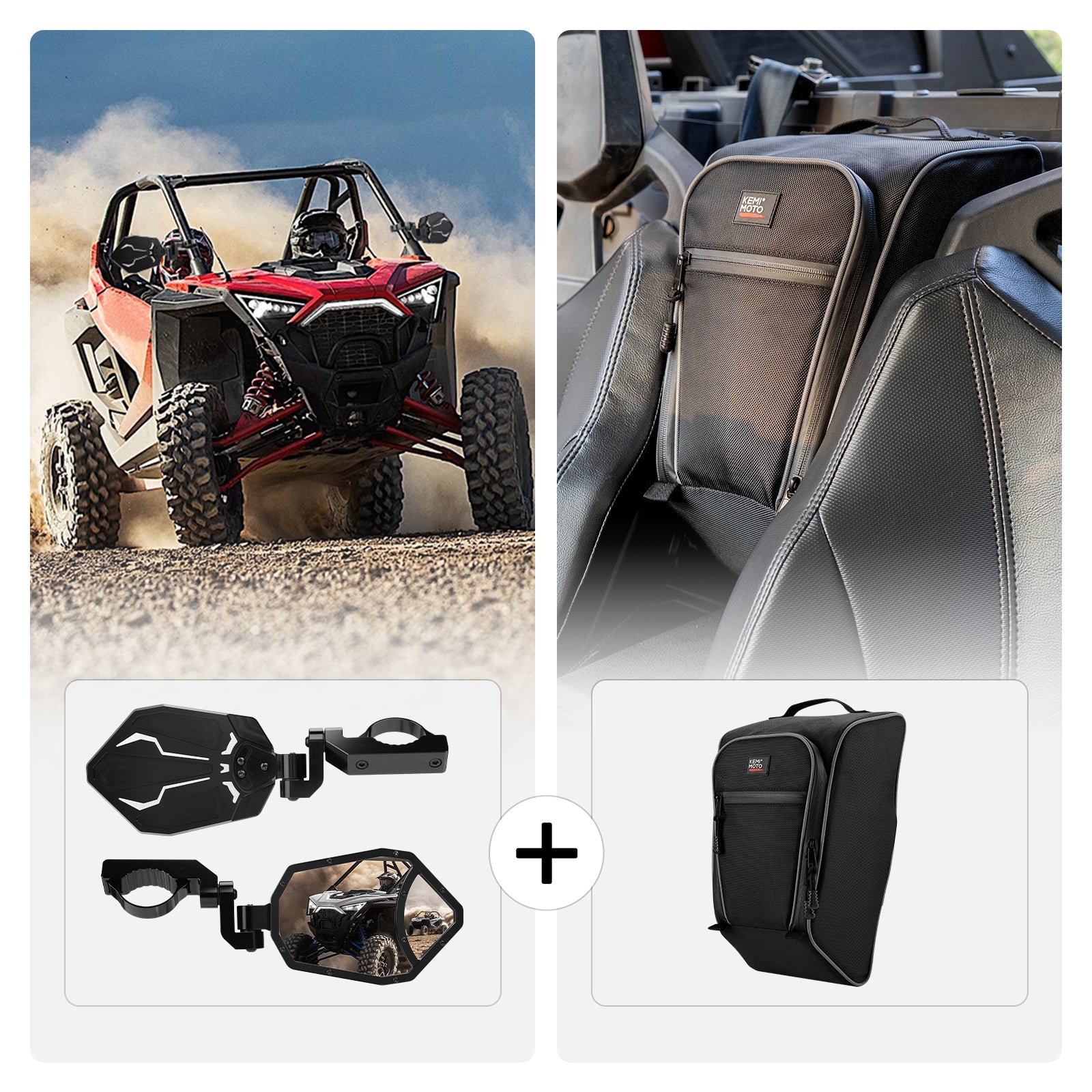 Kemimoto Rear View Side Mirrors and Center Shoulder Bag Polaris RZR PR