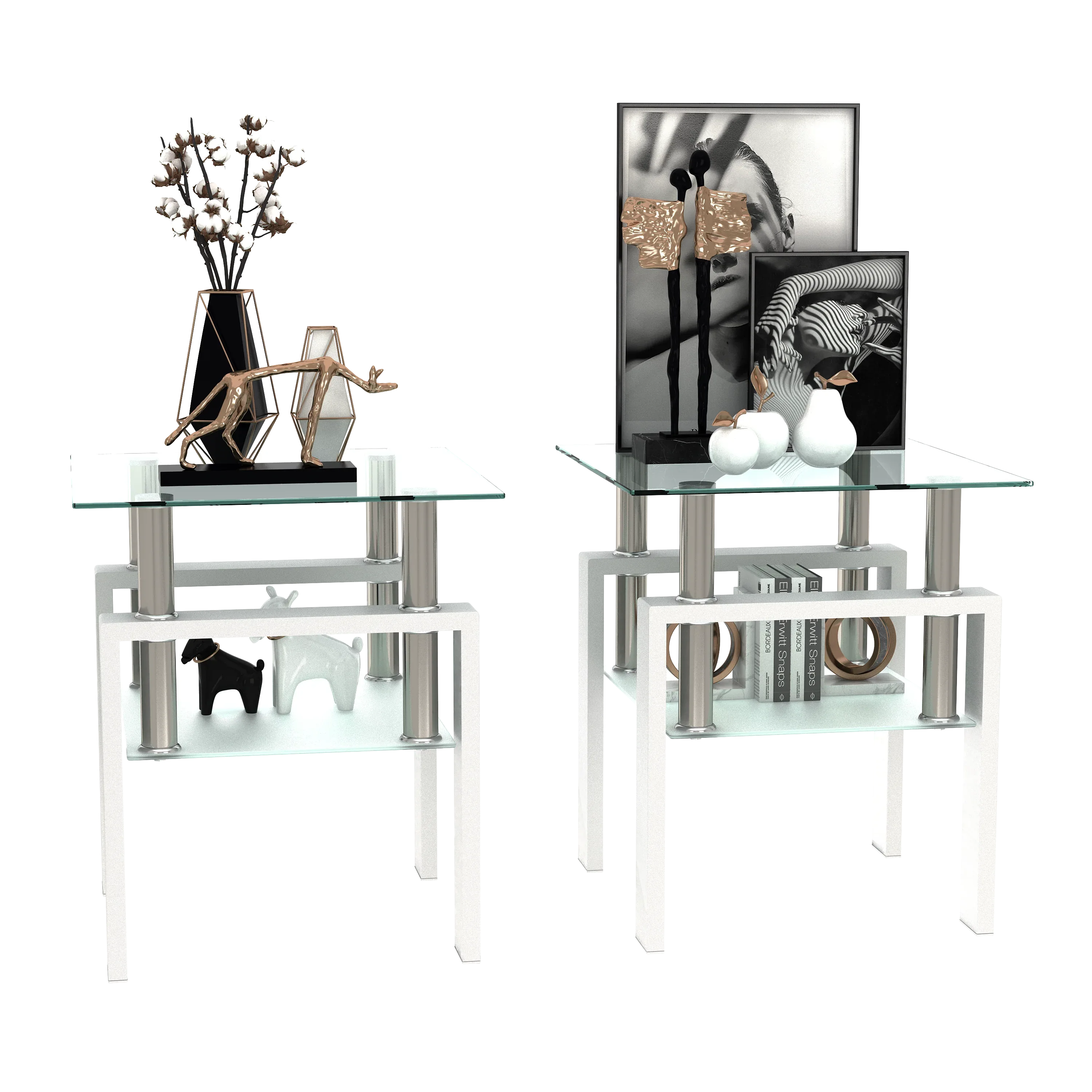 Set of 2, Modern Tempered Glass Tea Table Coffee Table End Table, Square Table for Living Room, Transparent/White