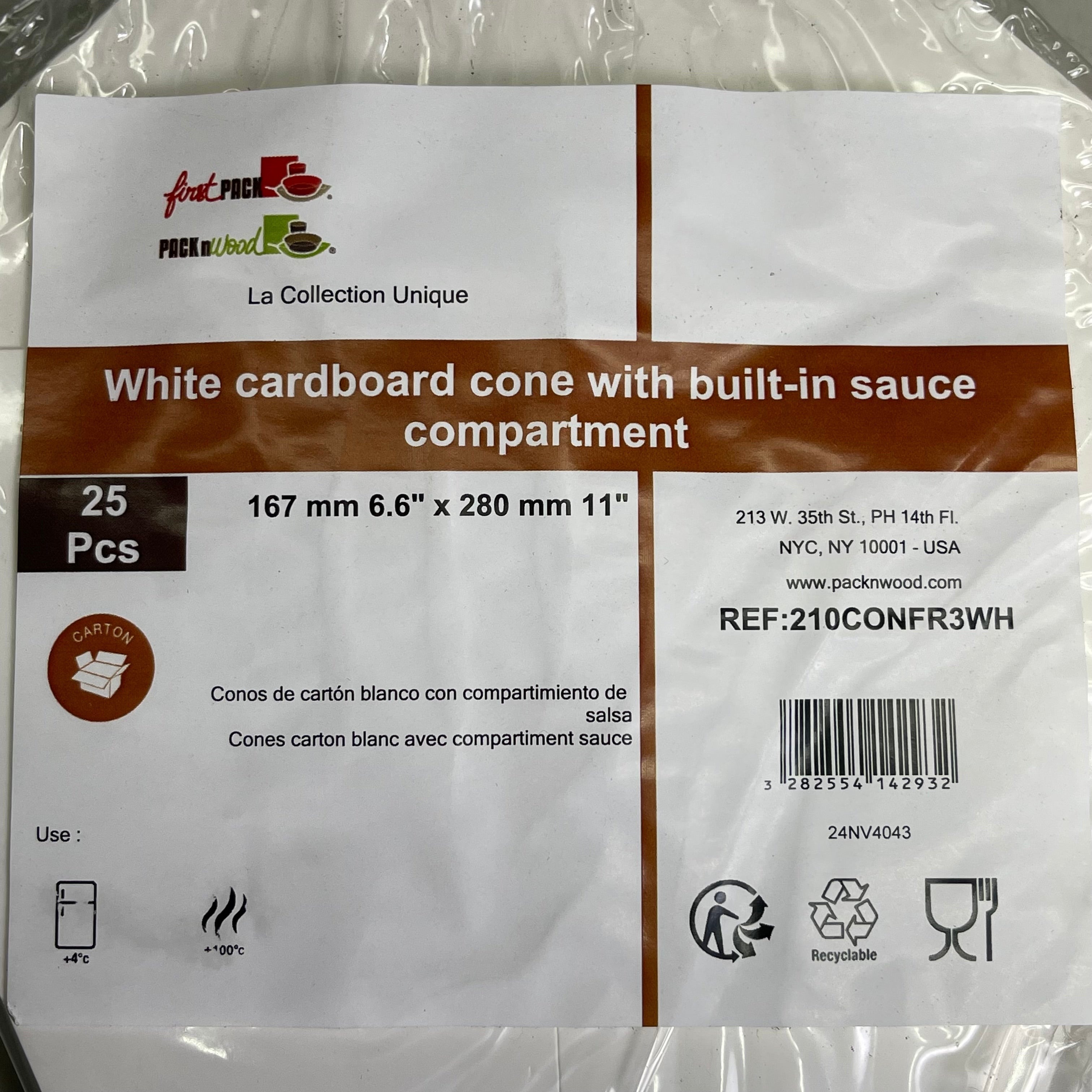 PACKNWOOD (25-PACK) White Cardboard Cones Built-in Sauce Compartment 210CONFR3WH