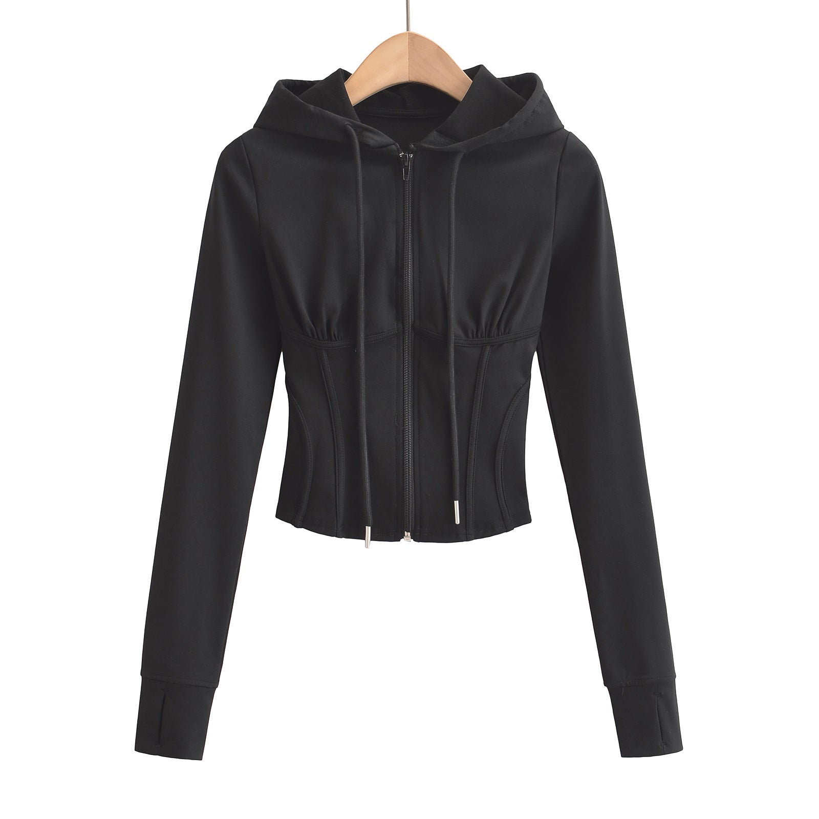 Slim fit drawstring hooded zipper top