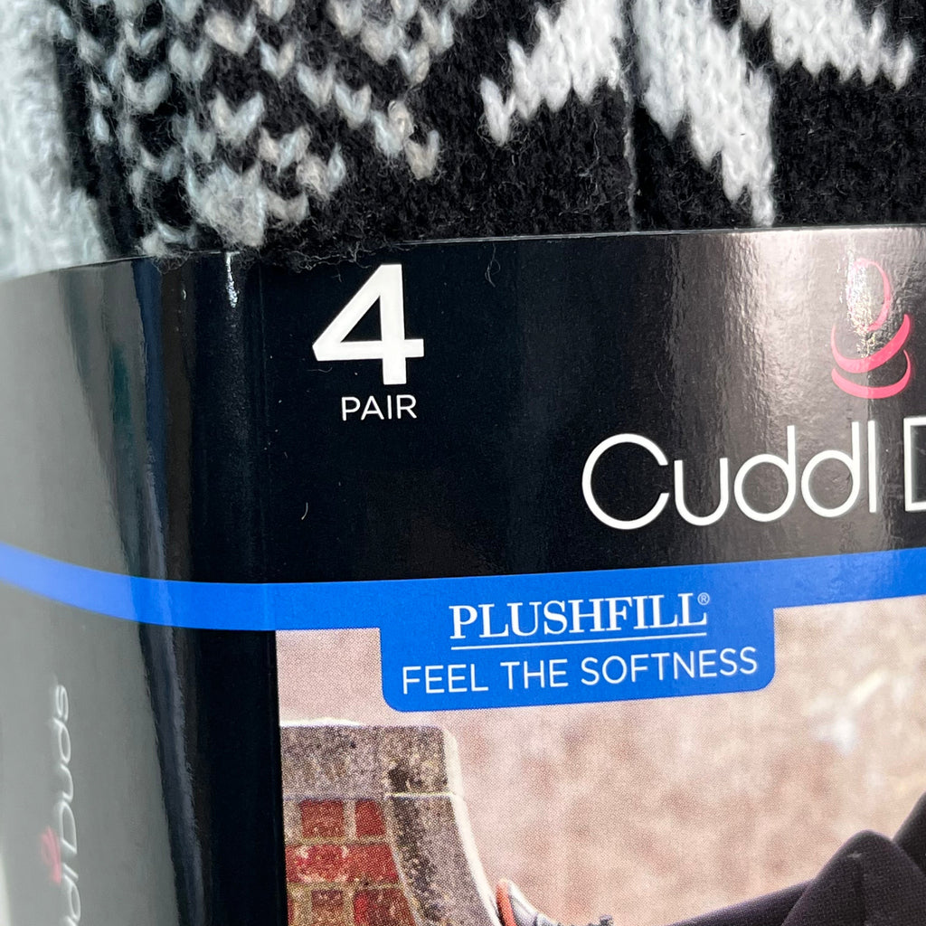 CUDDLE DUDS Soft Boot Crew Socks Plushfill 4 Pair Sz 4-10 Black Check (New)