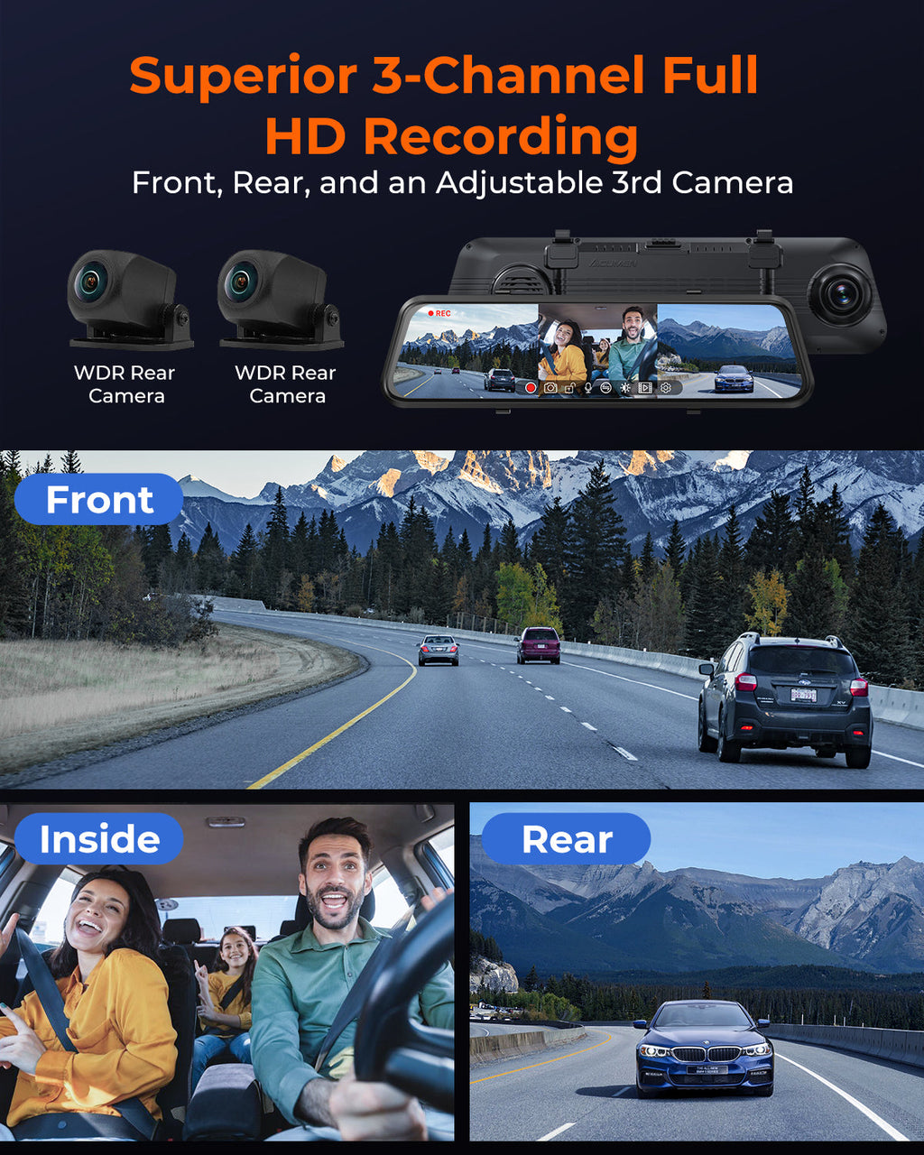 M4 3CH Mirror Dash Cam, 1080P/60fps, 12" IPS Touchscreen