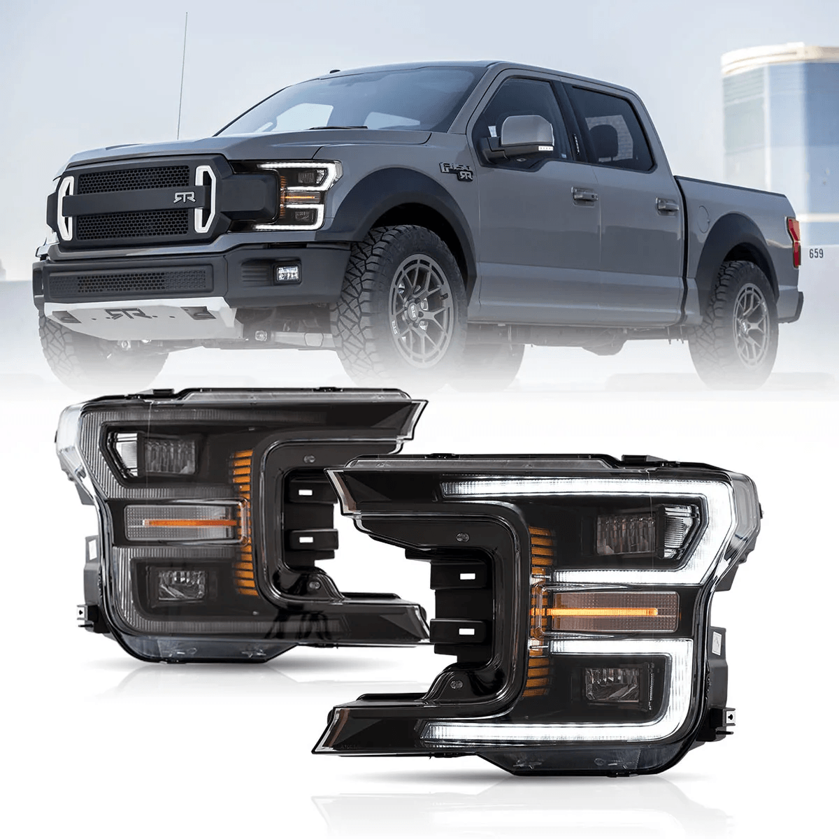 LED Headlight Assembly Dual Beam Projector With Start-up Animation Black/Chrome For 2018-2020 F150 13th Gen