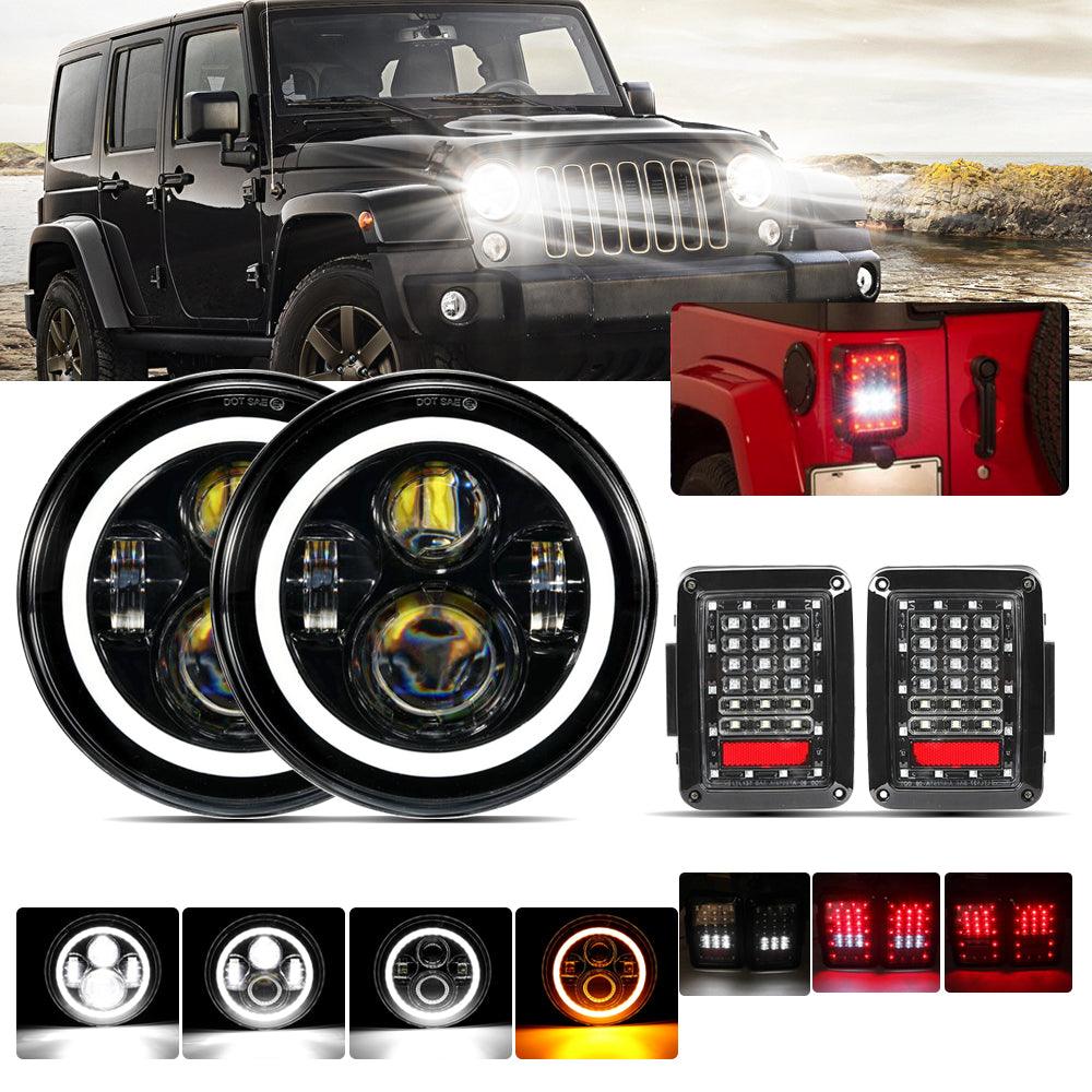 7'' LED Headlight Replacement with Halo Ring & LED Smoke Tail Light Brake Reverse Turn Signal Lamp for Wrangler JK