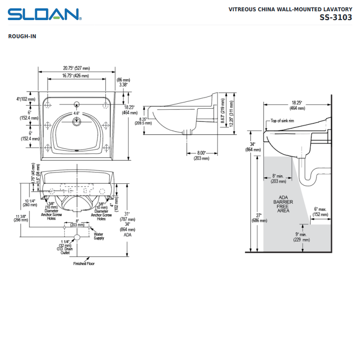 SLOAN Vitreous China Wall-Mounted Backsplash Lavatory Sink White SS3103