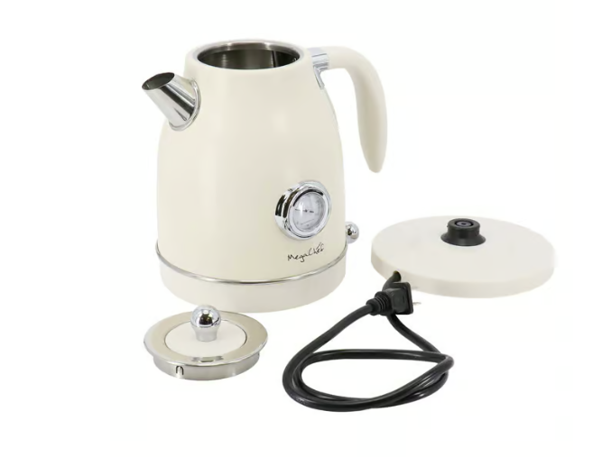 MegaChef 1.8 Quart Electric Tea Kettle and 2 Slice Toaster Combo in Creme
