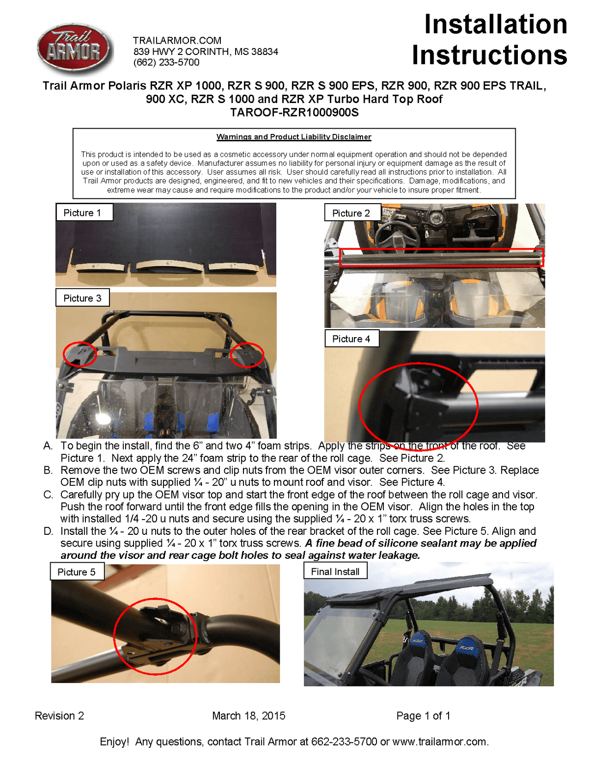 Trail Armor Hard Top Roof for 14-19 Polaris RZR 900 / XP 1000 / Turbo
