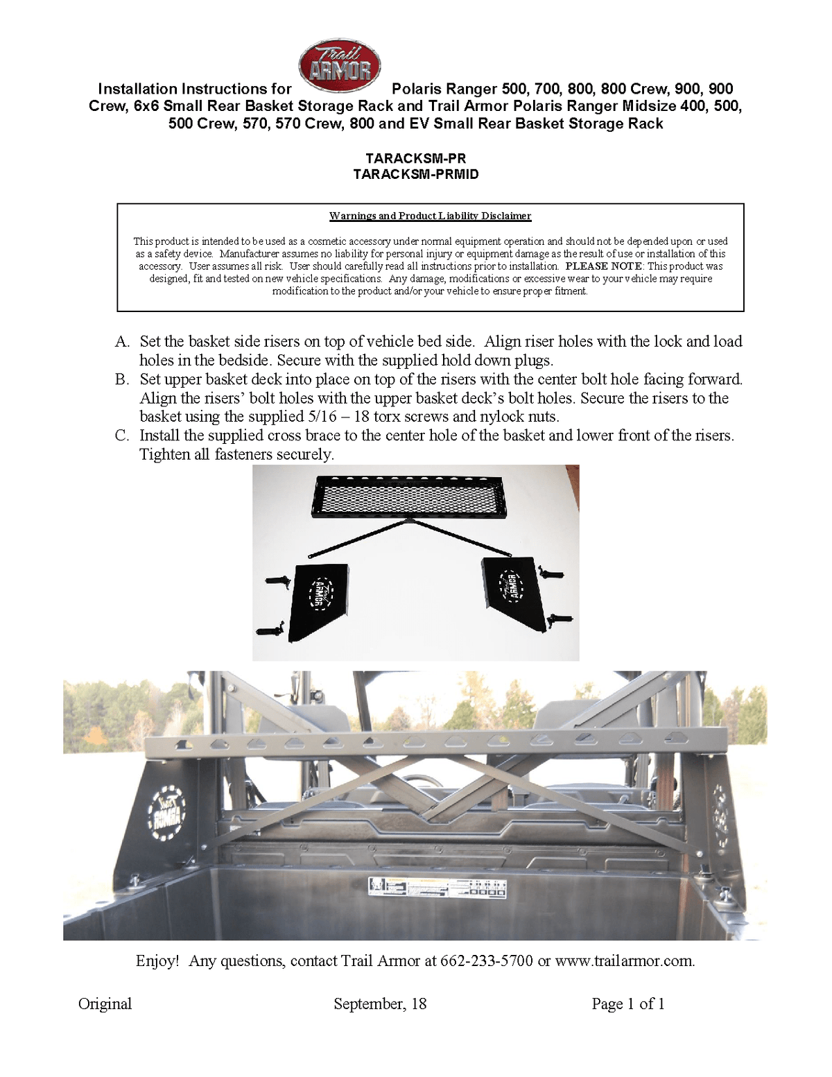 Trail Armor Small Rear Basket Storage Rack for 2019-21 Polaris Ranger XP 1000 (all through) / Ranger XP 1000 Crew
