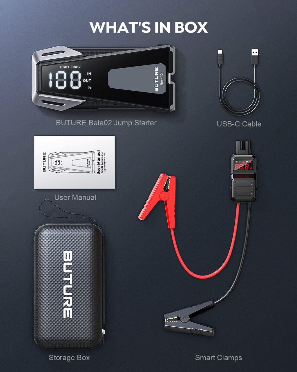 Buture Beta02 Car Jump Starter 2500A Peak丨21800mAh Power Bank, Lightweight Design