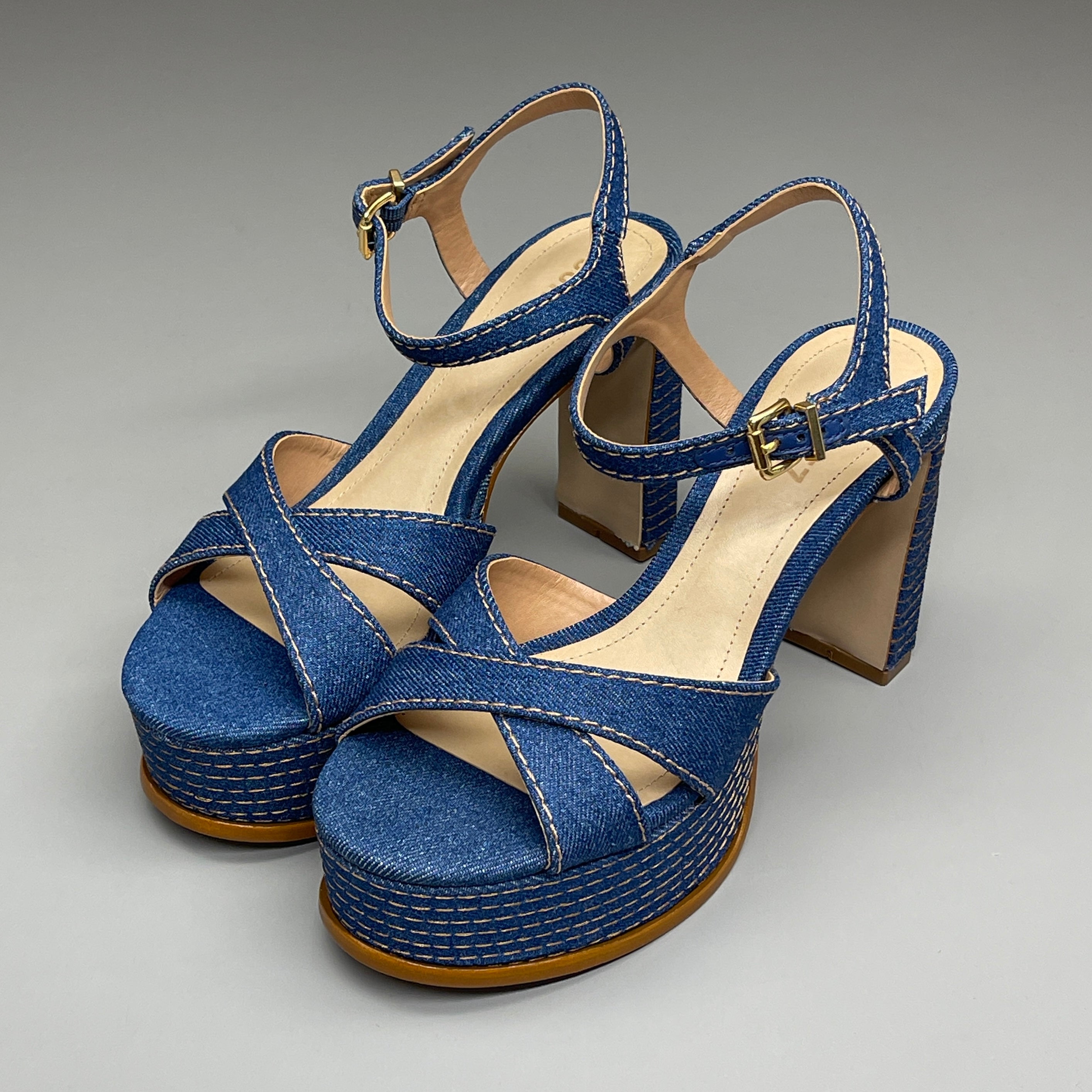 SCHUTZ Keefa Casual Denim Women's 4" Heeled Sandal Platform Blue Sz 6.5B (New)