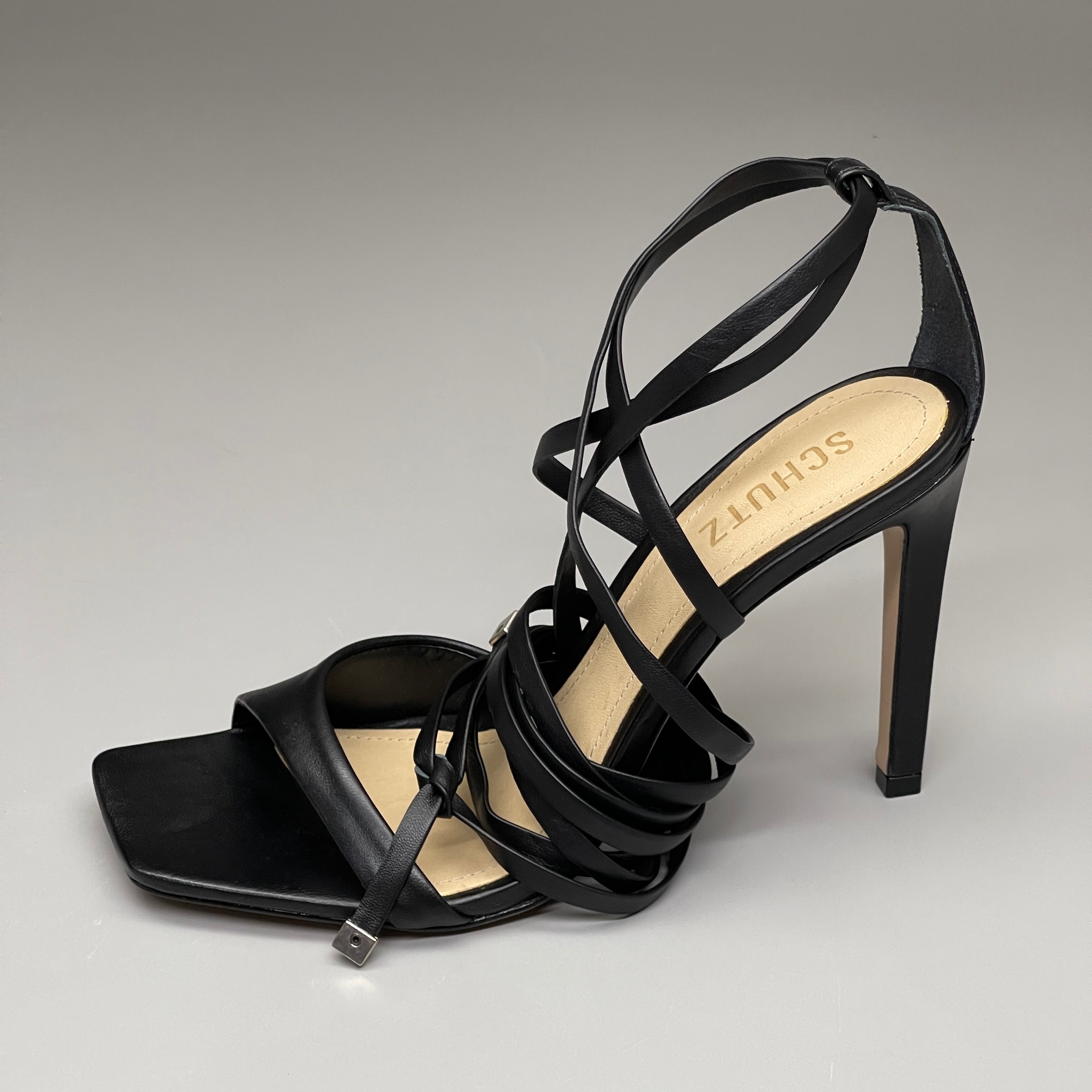 SCHUTZ Bryce Ankle Tie Women's Leather High Heel Strappy Sandal Black Sz 7B (New)