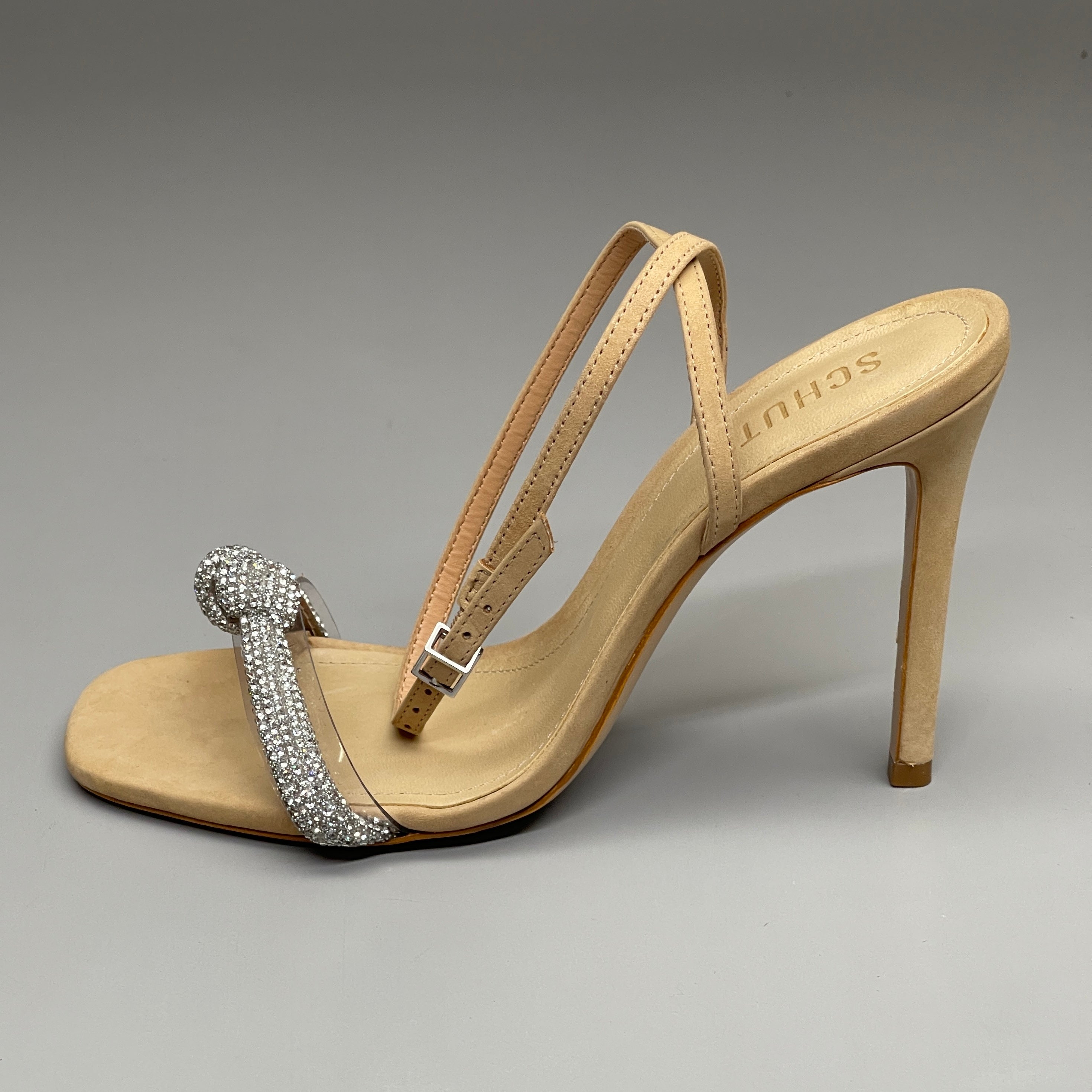 SCHUTZ Peaky Nubuck & Vinyl Multimaterial Women's Sandal Heel Light Nude Sz 7B (New)