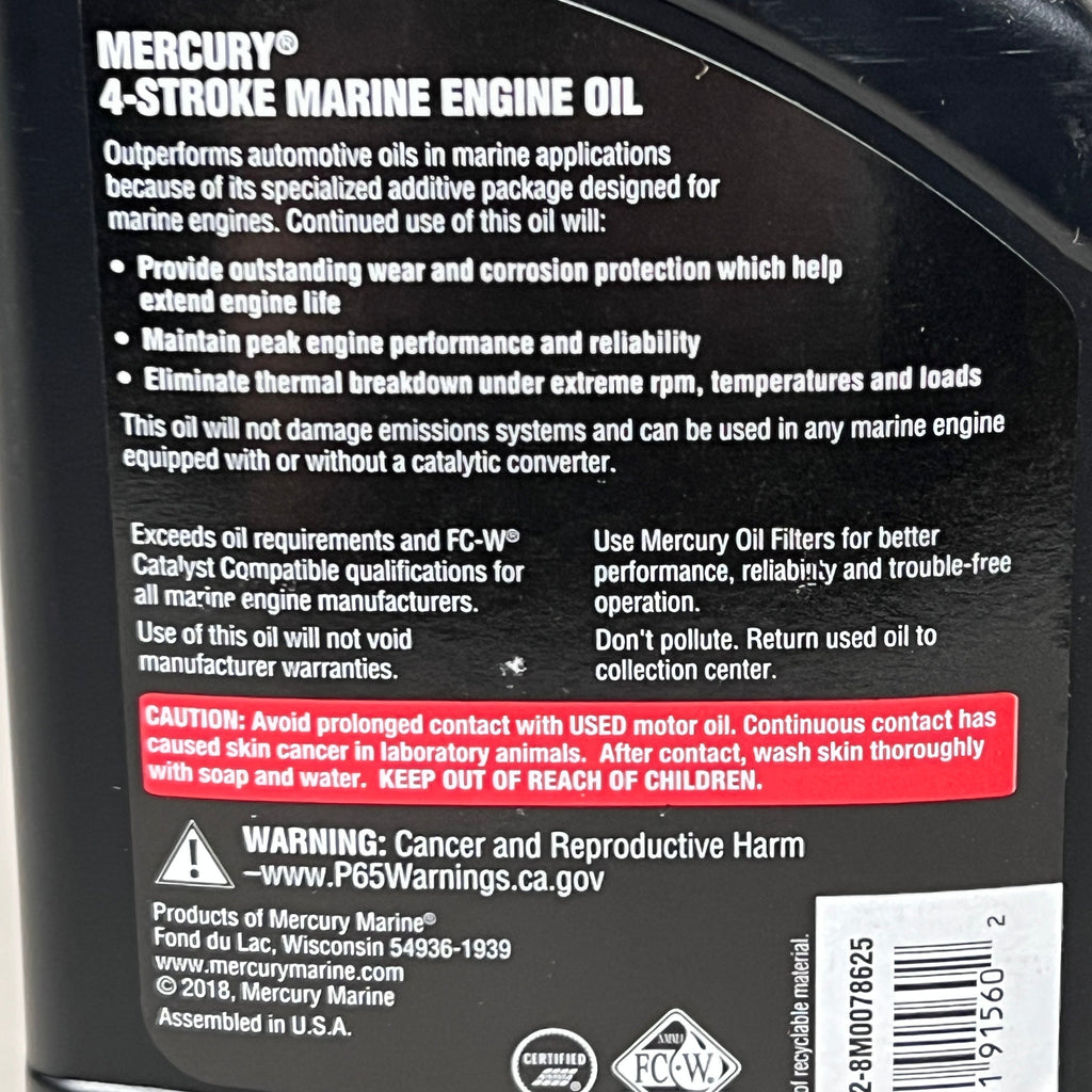 MERCURY (6 PACK) 4-Stroke Marine Engine Oil Sz 32 fl oz 10w-30 92-8M0078625