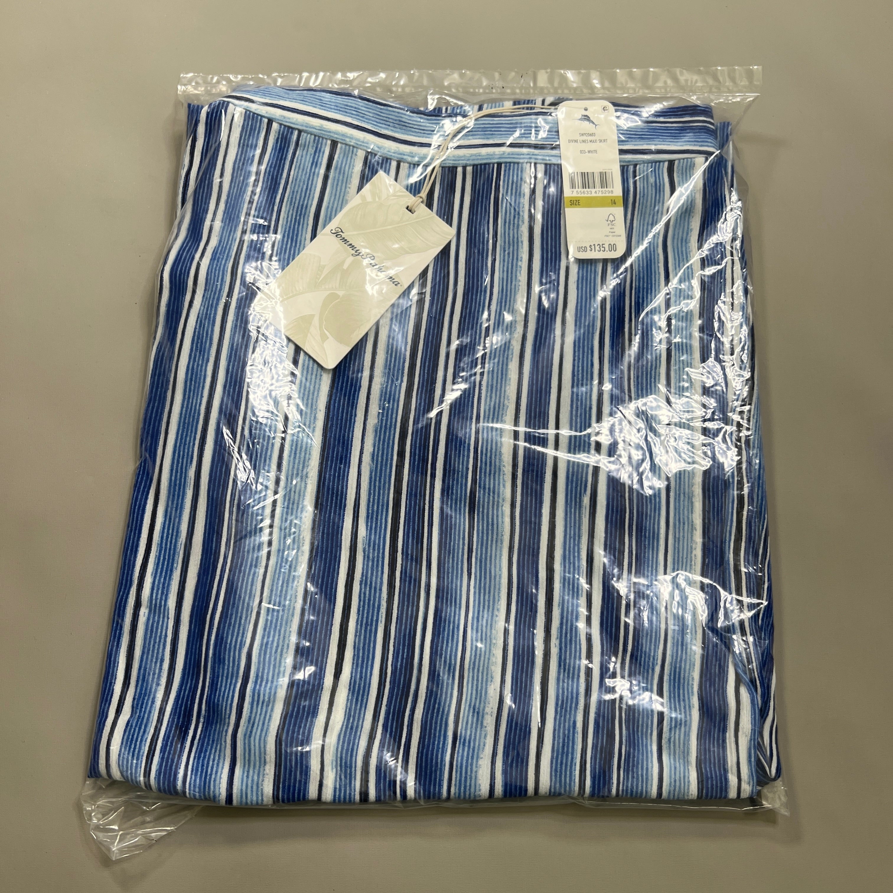 TOMMY BAHAMA Women's Divine Lines Maxi Skirt White Blue Boho Stripe Size 14 (New)