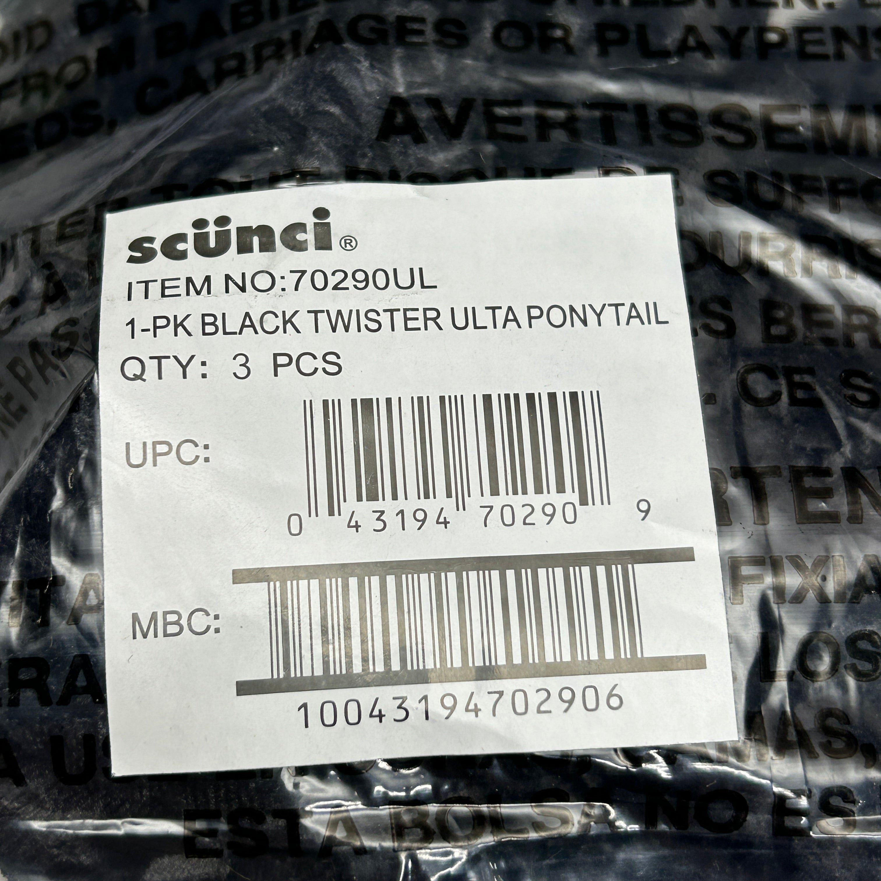 SCUNCI 3-PACK! Black Twister Ulta Ponytail Scrunchie (New)