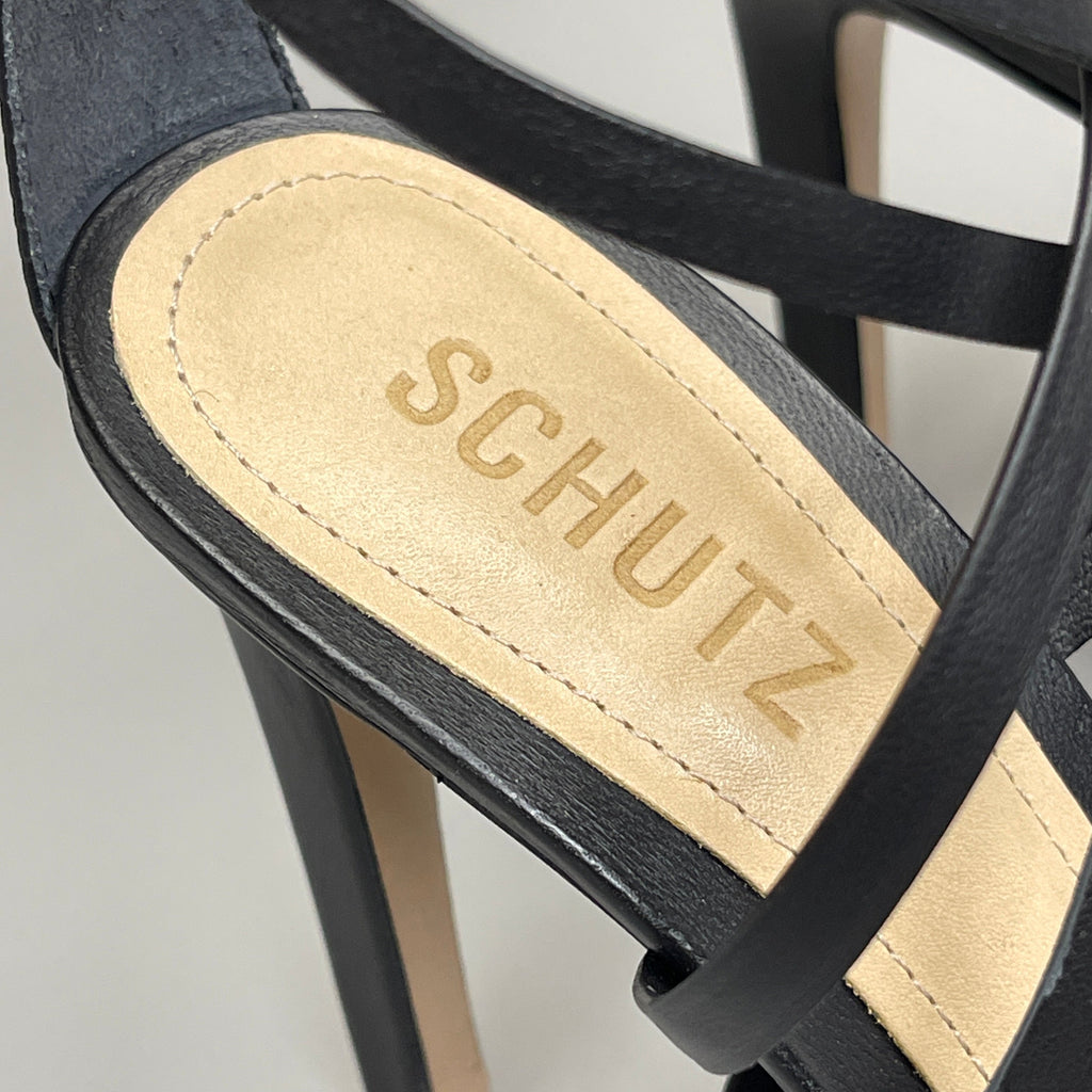 SCHUTZ Bryce Ankle Tie Women's Leather High Heel Strappy Sandal Black Sz 7B (New)