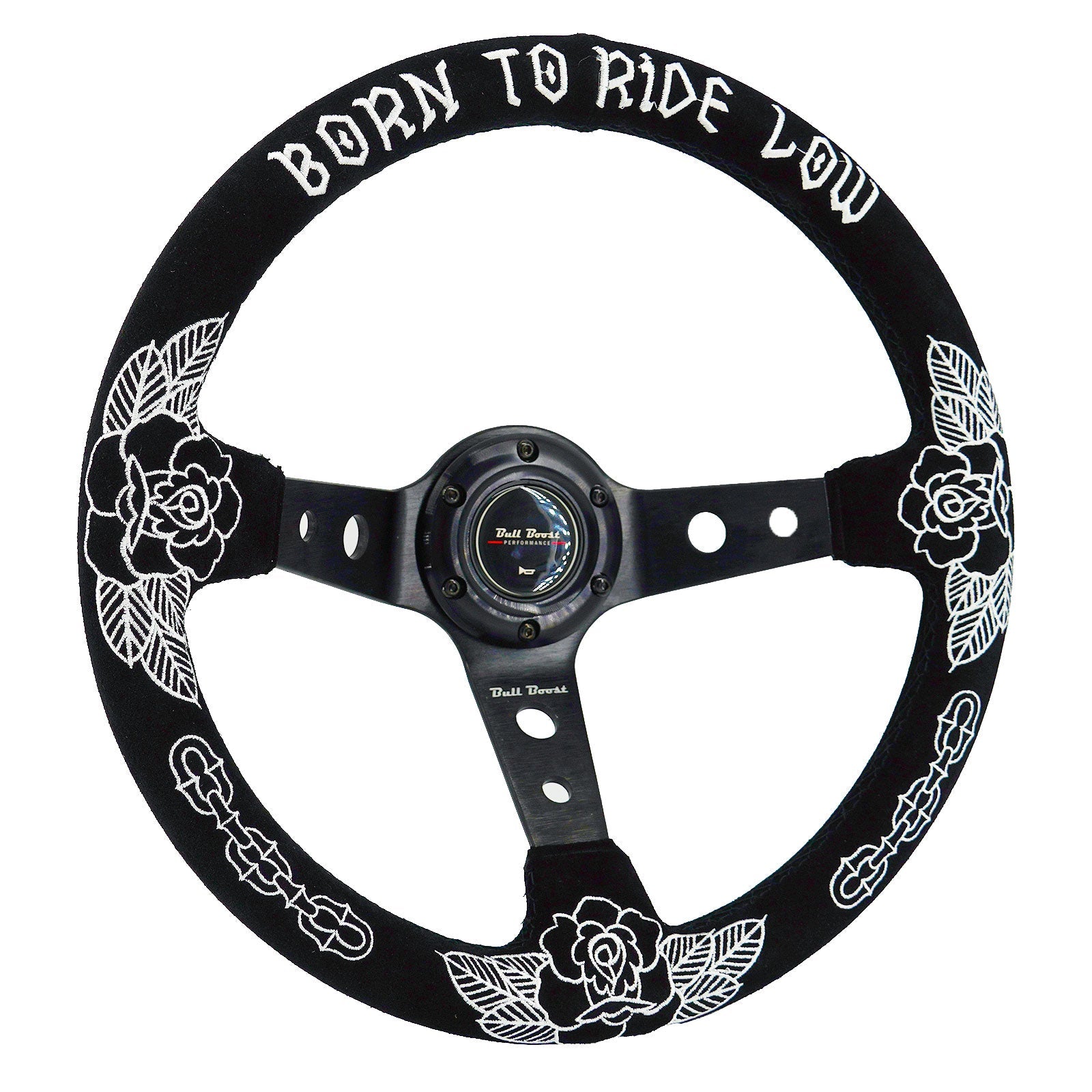 Custom Rose Universal 350mm 3" Deep Dish 6-Bolt Steering Wheel Black Suede Alcantara