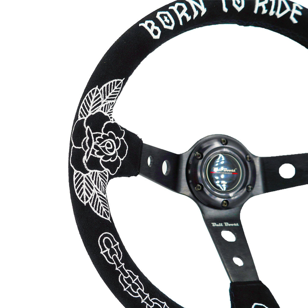 Custom Rose Universal 350mm 3" Deep Dish 6-Bolt Steering Wheel Black Suede Alcantara