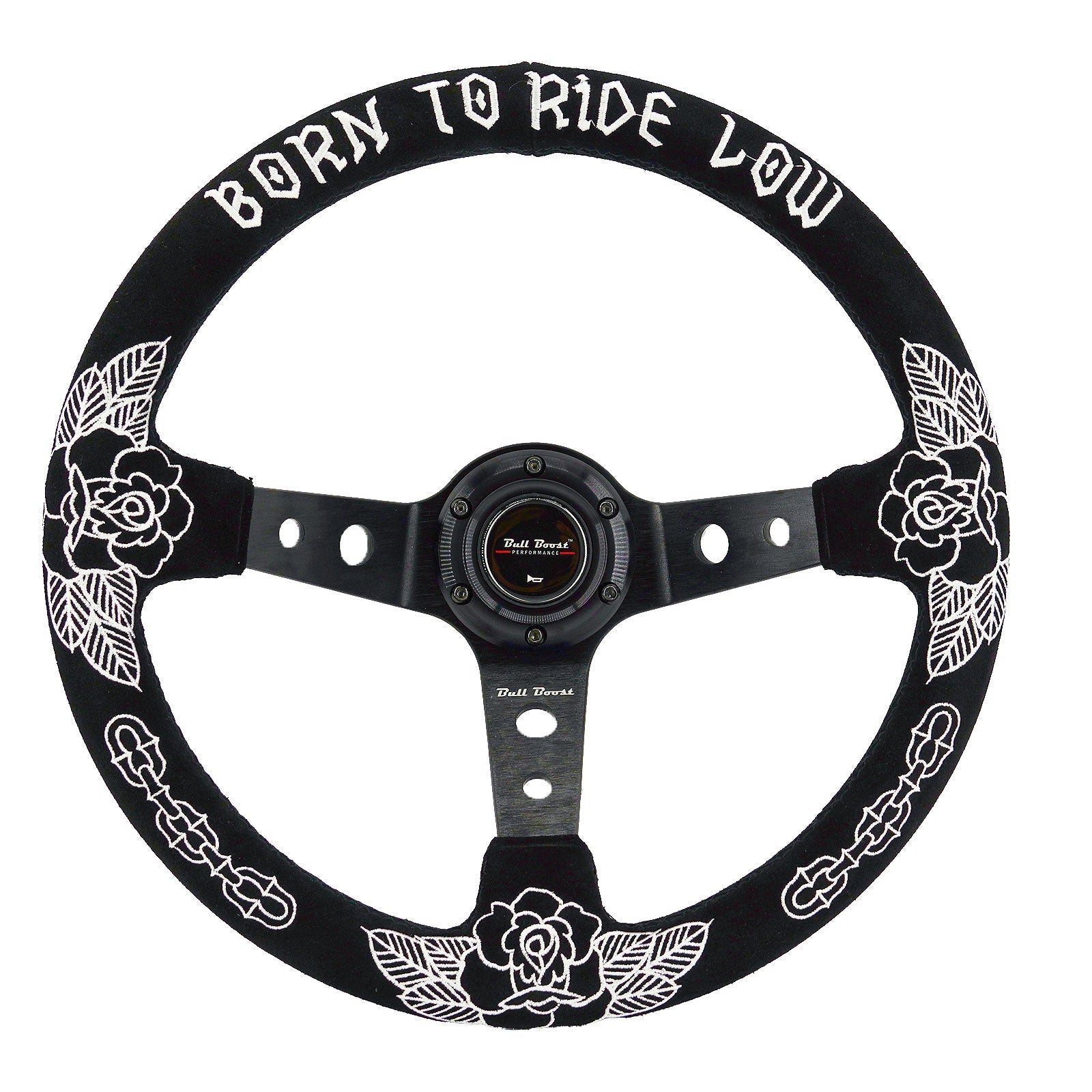 Custom Rose Universal 350mm 3" Deep Dish 6-Bolt Steering Wheel Black Suede Alcantara