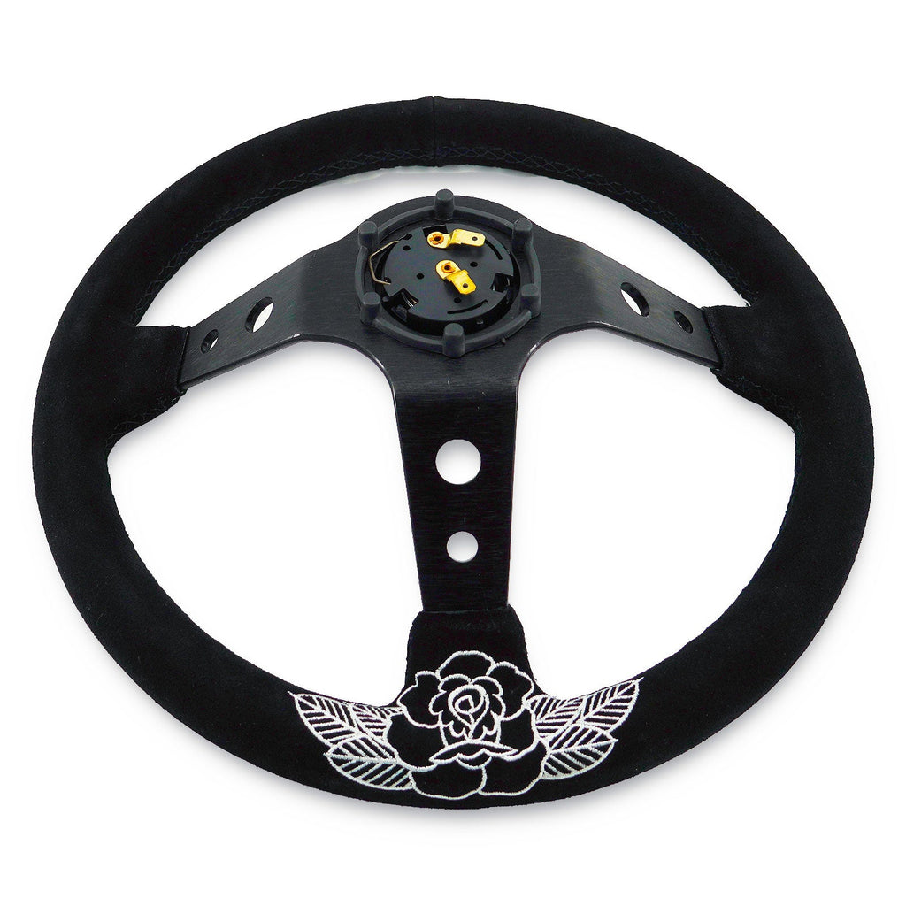 Custom Rose Universal 350mm 3" Deep Dish 6-Bolt Steering Wheel Black Suede Alcantara