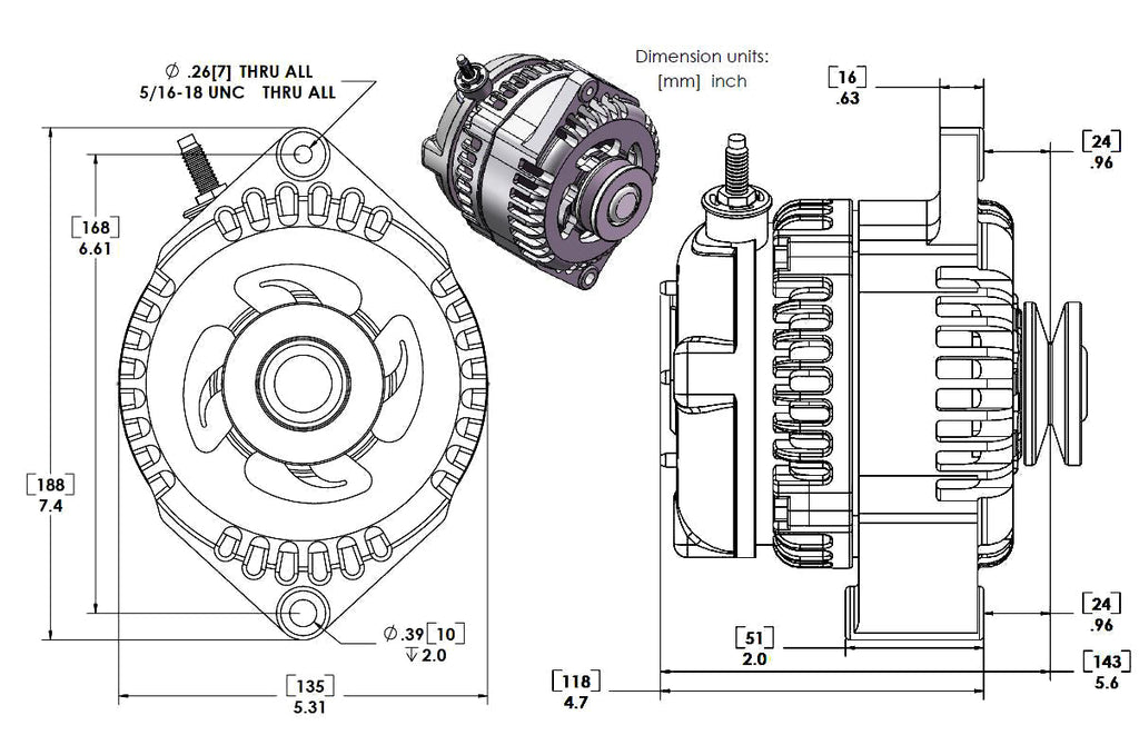 Mechman 320 Amp S Series Alternator 6.61in Bolt Pattern - Chrome with March 1.75in Pulley & Fan