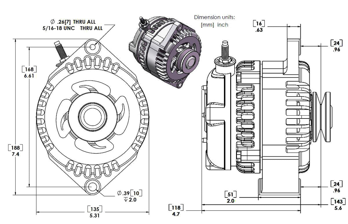 Mechman 240 Amp S Series Alternator 6.61in Bolt Pattern - Polished with March 1.75in Pulley & Fan