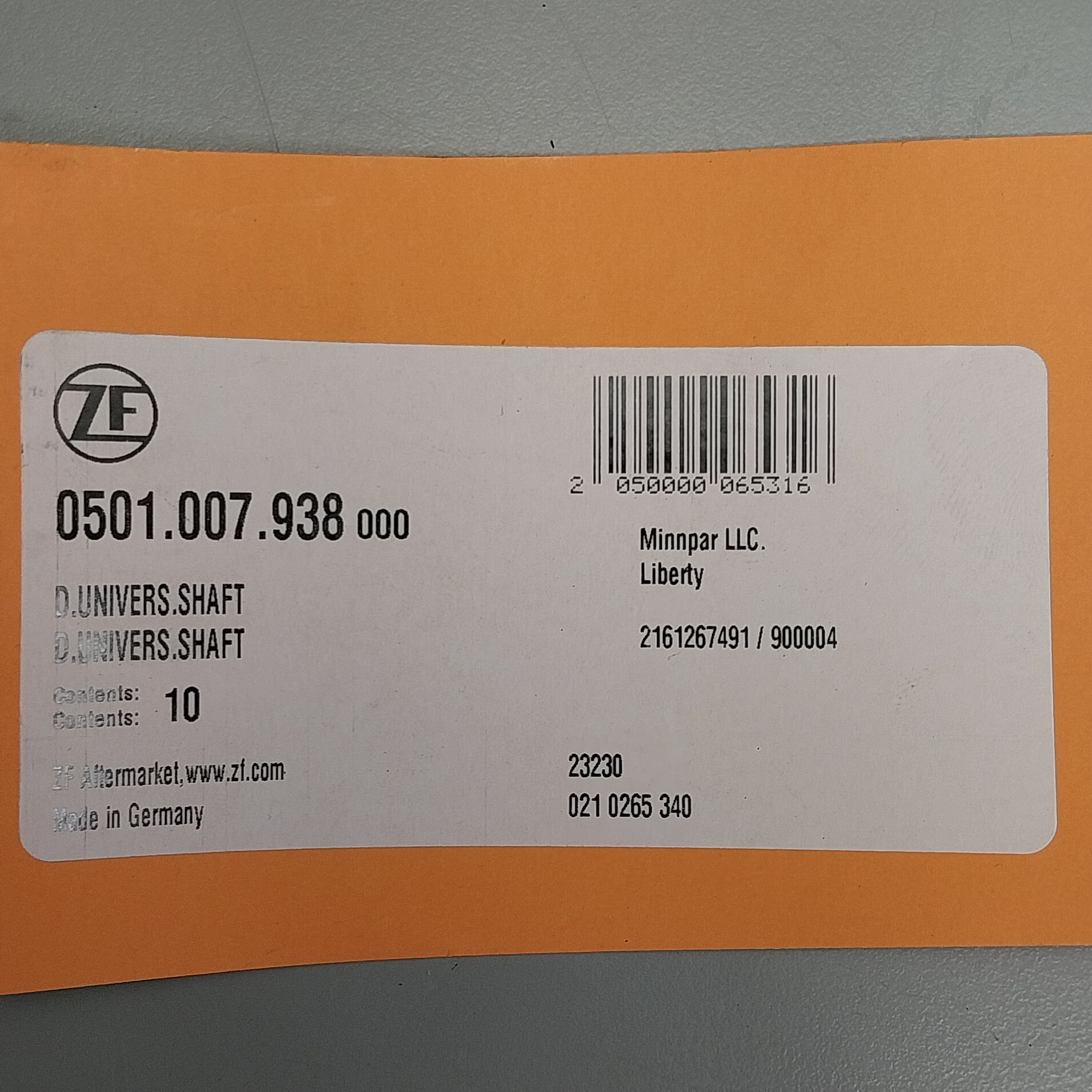 ZF UNIVERSAL AXLE SHAFT ASSEMBLY ZF0501007938